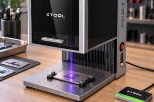 The xTool F2 Ultra fiber laser marking a QR code onto a stainless steel plate clamped to its working bed