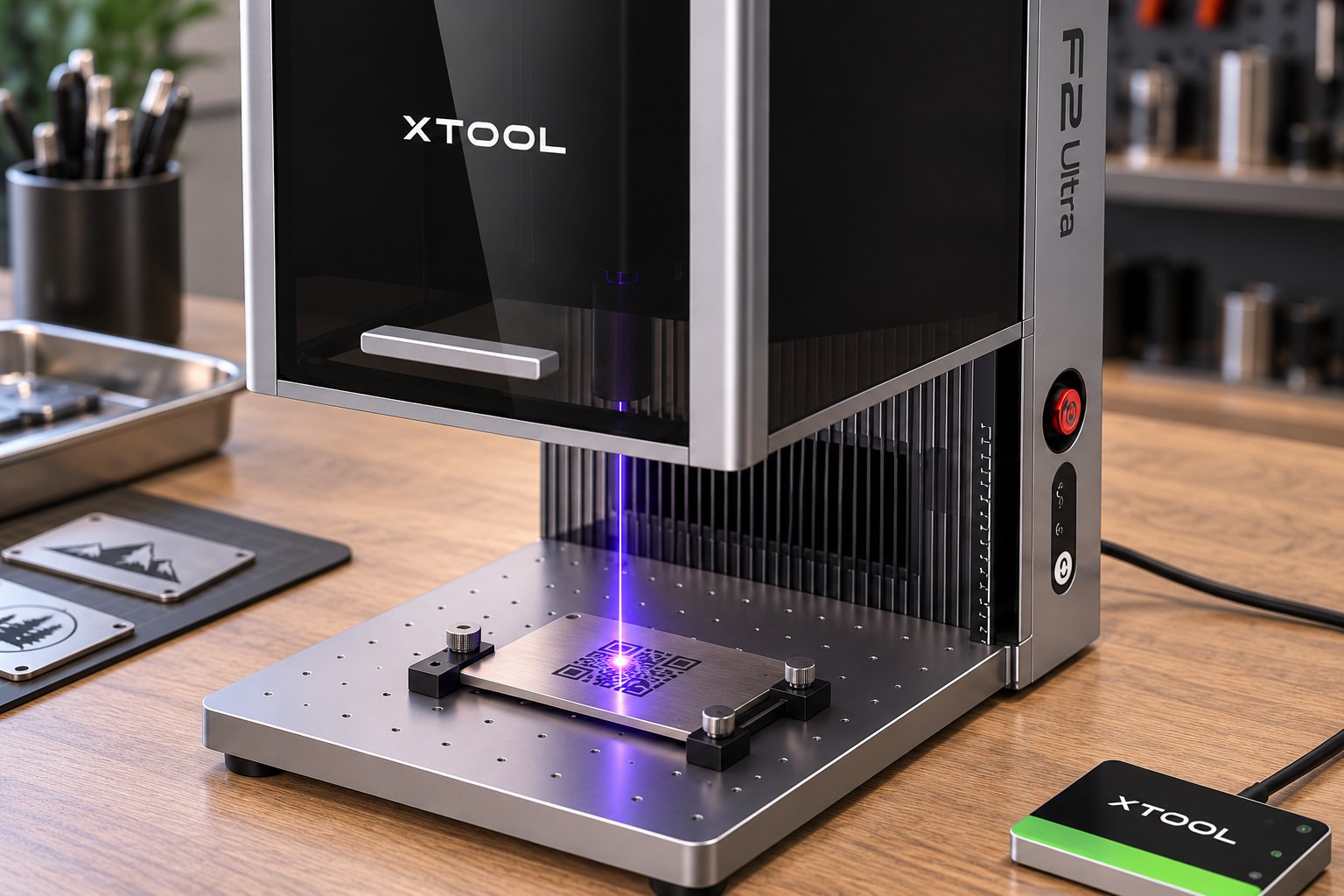 The xTool F2 Ultra fiber laser marking a QR code onto a stainless steel plate clamped to its working bed