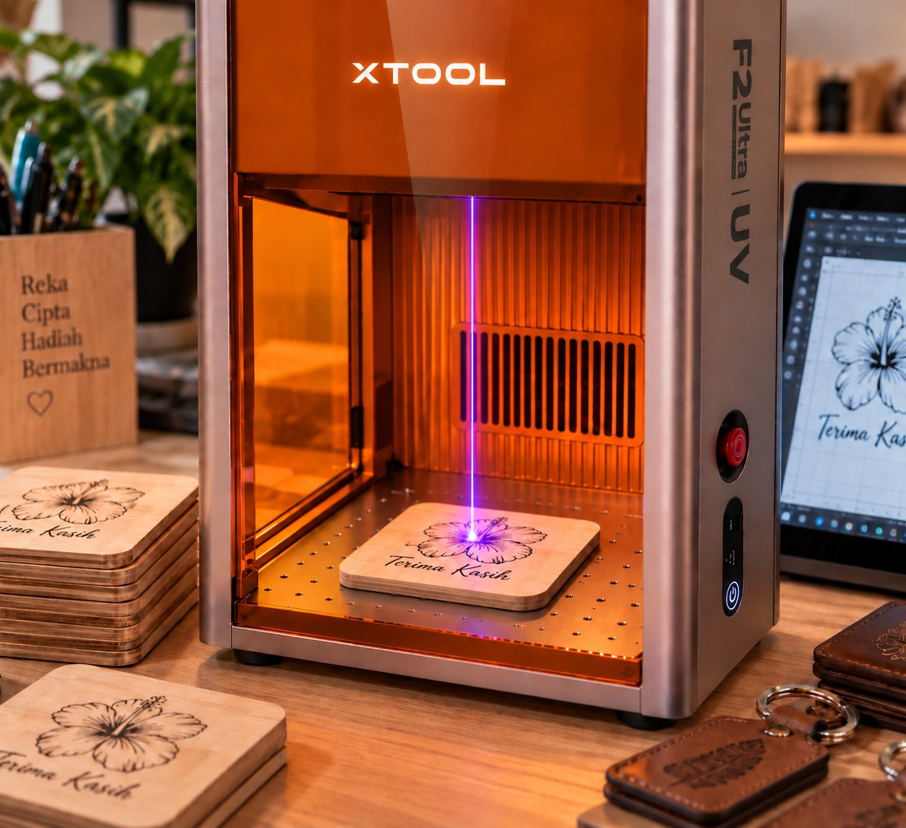 The xTool F2 Ultra UV laser engraving a hibiscus flower and the words Terima Kasih onto a wooden coaster, with finished engraved coasters stacked beside it