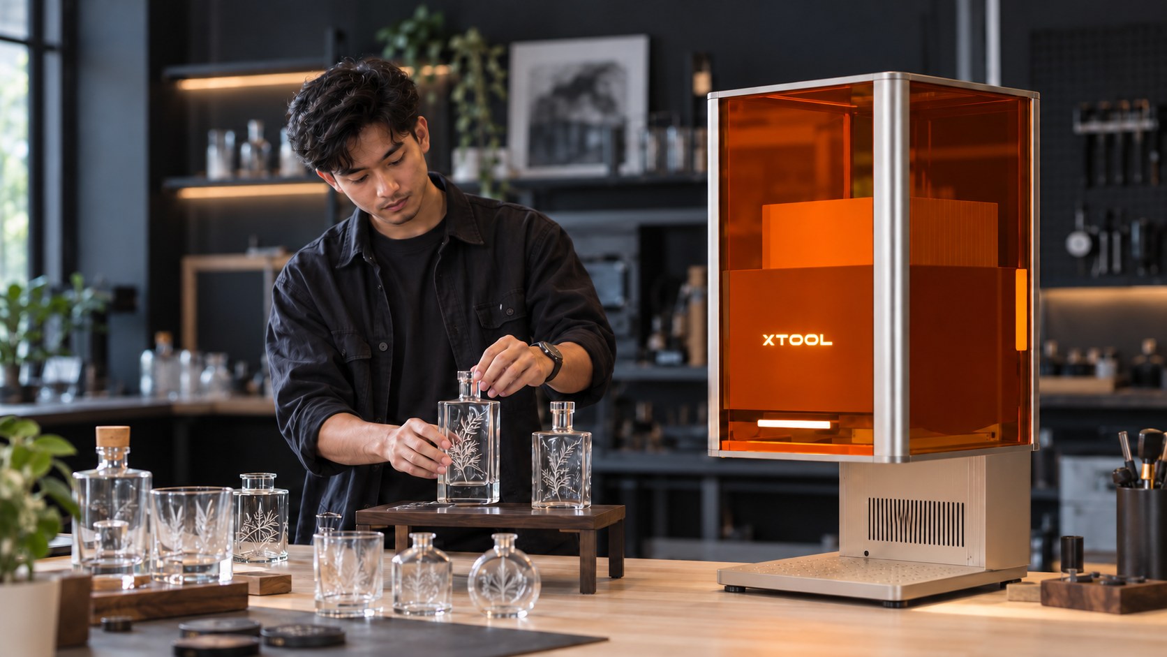 An xTool laser engraver beside a bench of engraved glass decanters and spirit glasses in a workshop