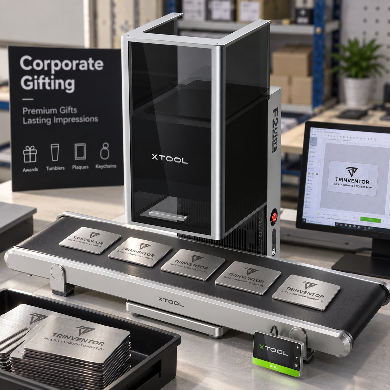 An xTool laser engraving a batch of branded metal cards on a conveyor in a workshop
