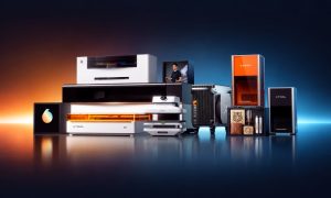 The xTool laser engraving machine range — CO2, fiber, diode and UV models side by side, with engraved samples including a wooden tiger plaque, a leather wallet and an engraved tumbler