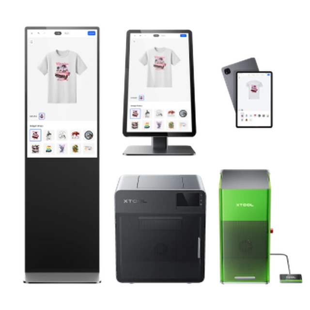 xTool retail personalization setup in Malaysia: self-service kiosk, tablet design station and xTool laser machines