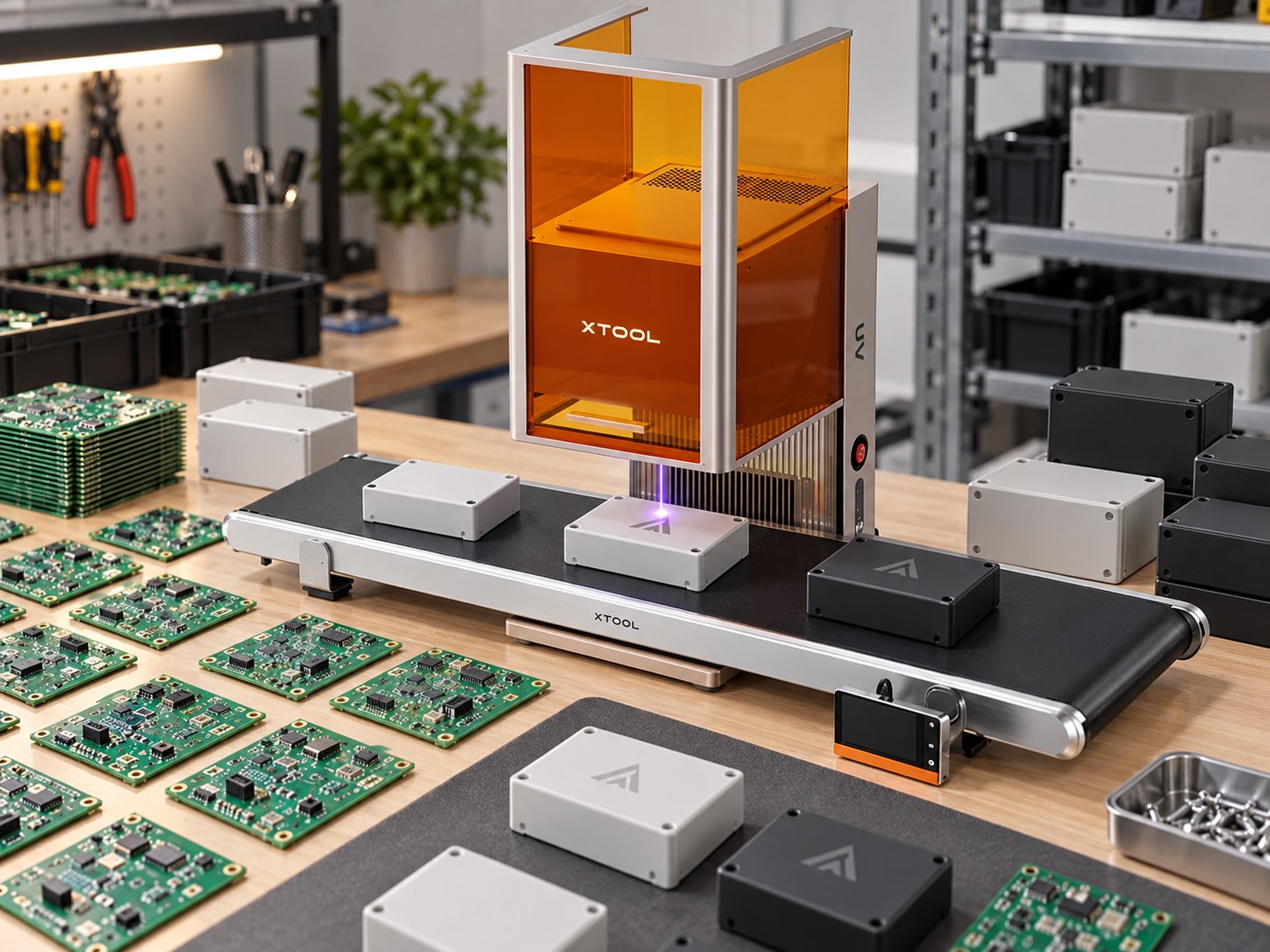 An xTool UV laser marking white electronic enclosures as they pass along a conveyor in an electronics workshop